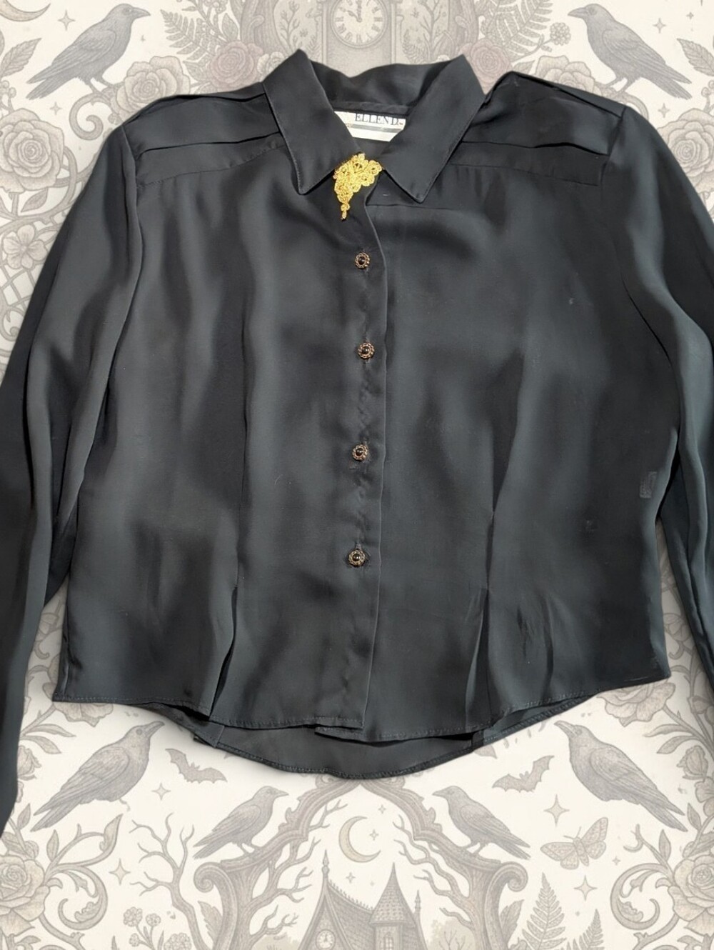 Whimsigoth Vintage 80s Gold Lace Jabot Blouse Dark Romance Goth Ellen D Medium